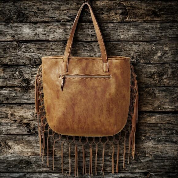 Steve Madden Shay Fax Leather Fringe Trim Large Tan Bucket Tote NWT MSRP $95 - Picture 1 of 8